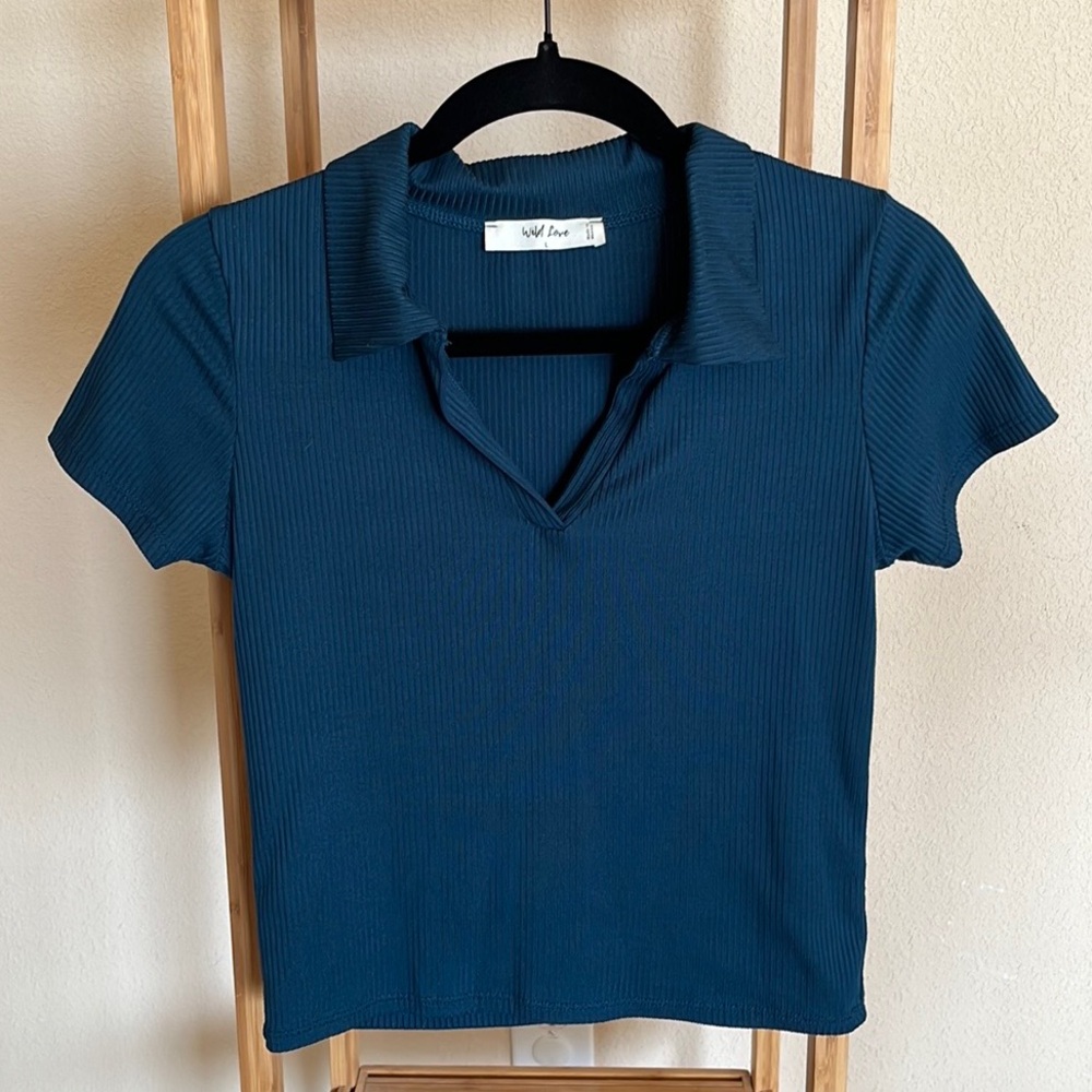 Casual Dark Blue Ribbed Top